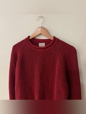 LL Bean Roll Neck Sweater Fisherman Chunky Waffle Knit Organic Cotton Red Mens M